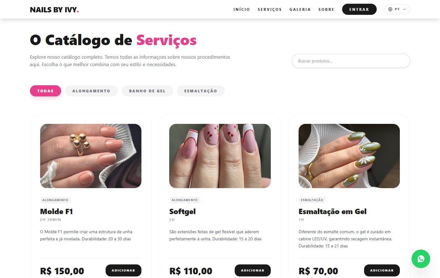 Catálogo de serviços com filtro por categoria e busca.