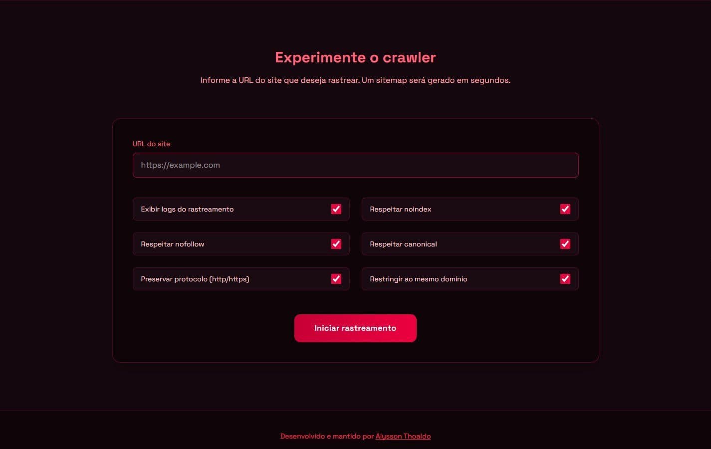 Demonstração: informe uma URL, ajuste as regras e gere o sitemap.