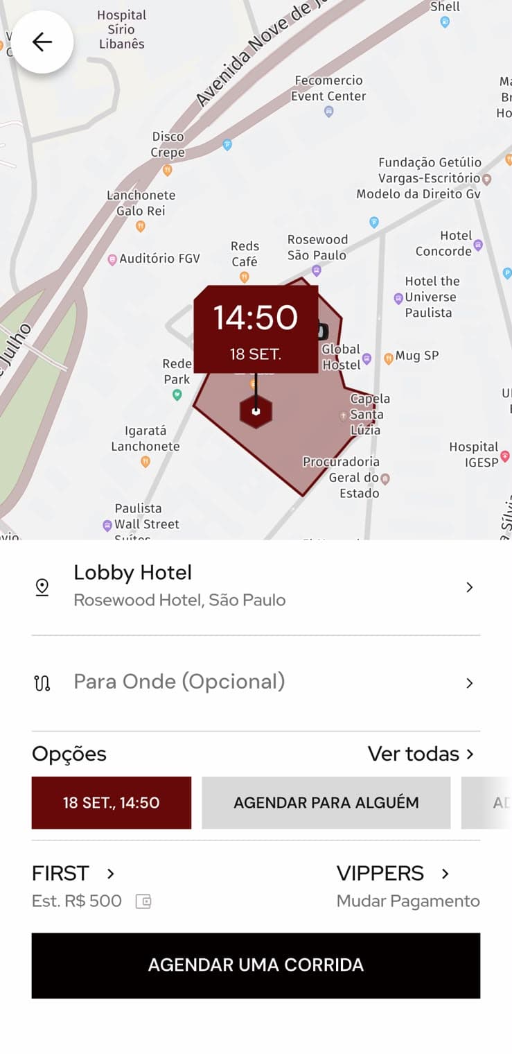 Agendamento com data e hora, classe do veículo, créditos e forma de pagamento.