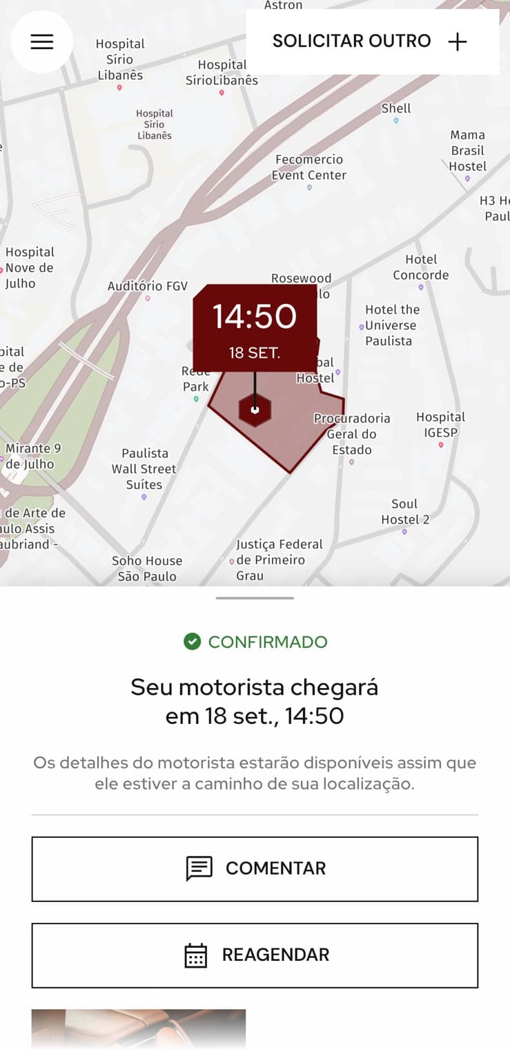 Corrida confirmada, com a previsão de chegada e as ações de comentar e reagendar.