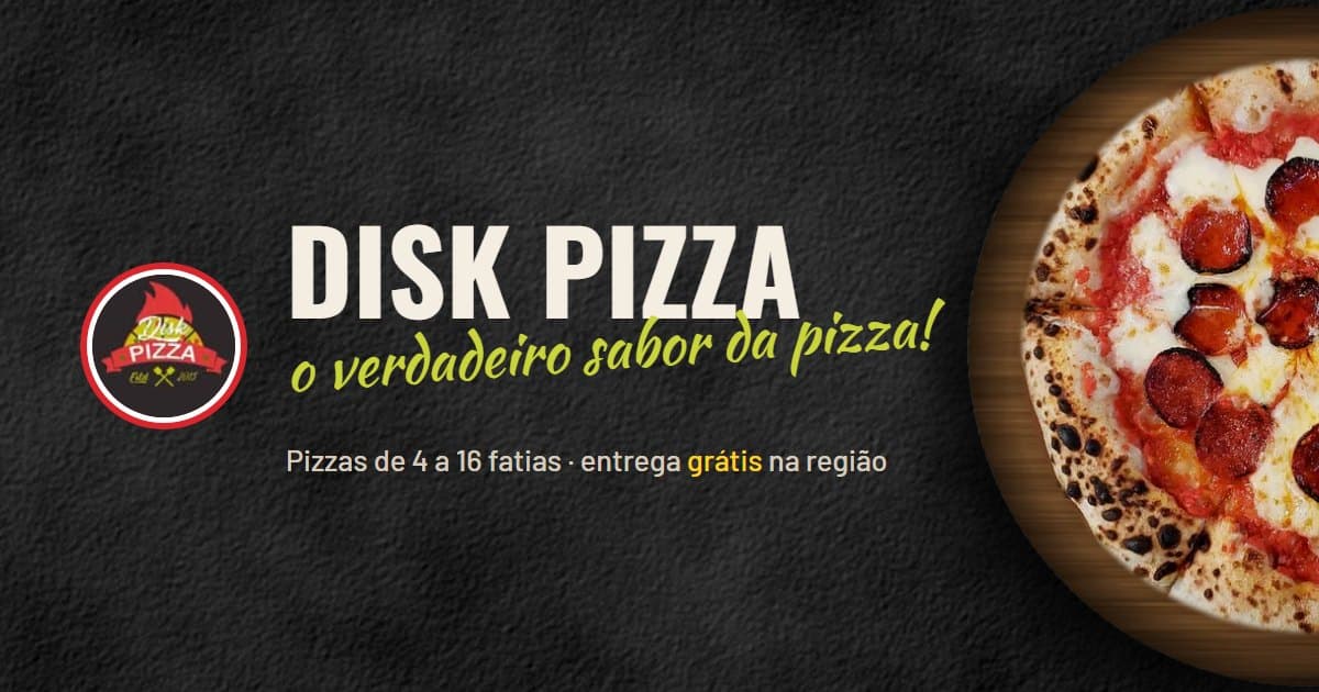 Logo da Disk Pizza e uma pizza sobre uma lousa